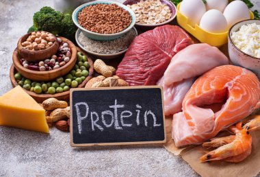 Sağlıklı gıda protein yüksek. Et, balık, süt ve süt ürünleri, Kuruyemiş ve fasulye