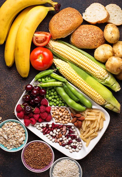 Produkte Quellen Von Kohlenhydraten Gesunde Kohlenhydrate Essen Ansicht Von Oben — Stockfoto