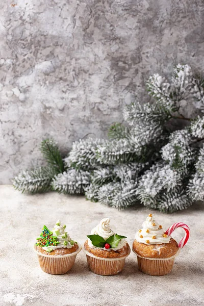 여러 가지 장식이 있는 크리스마스 장식용 컵 케익 — 스톡 사진