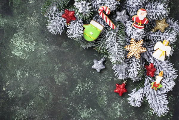 Weihnachten Lebkuchen Und Tannenzweig Festlicher Hintergrund — Stockfoto