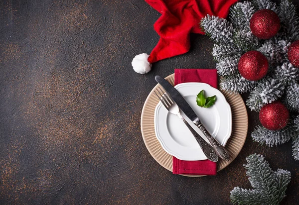 Christmas New Year Festive Table Setting Dark Background — Stock Photo, Image