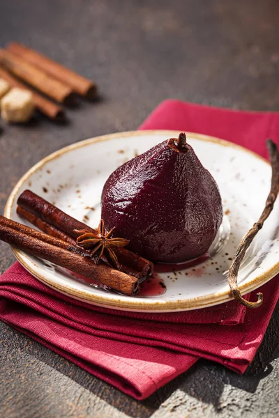 Pears in wine with spices, winter dessert