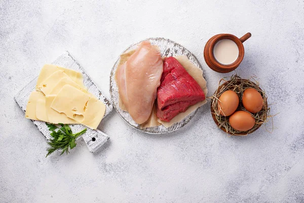 Conjunto de productos agrícolas. Carne, huevos y leche — Foto de Stock