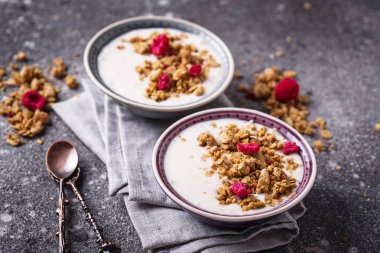 Granola yoğurt ve kurutulmuş frambuaz