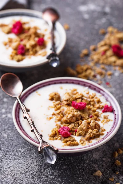 Granola yoğurt ve kurutulmuş frambuaz