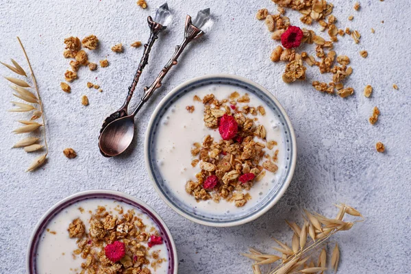 Granola yoğurt ve kurutulmuş frambuaz