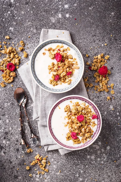 Granola yoğurt ve kurutulmuş frambuaz