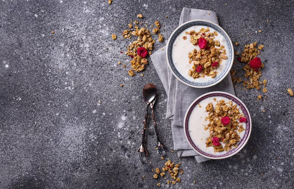 Granola yoğurt ve kurutulmuş frambuaz