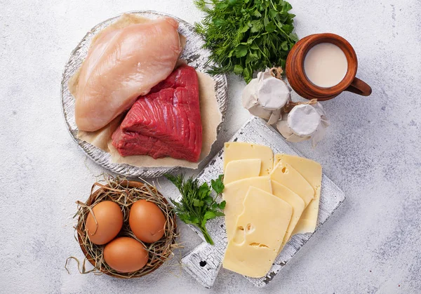 Conjunto de produtos agrícolas. Carne, ovos e leite — Fotografia de Stock