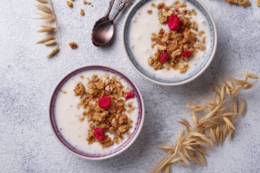 Granola yoğurt ve kurutulmuş frambuaz