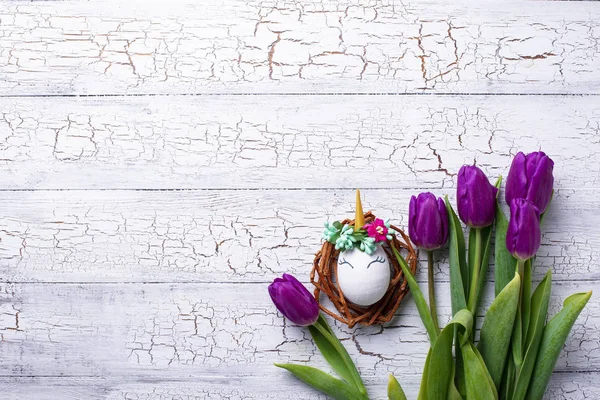 Fundo de Páscoa com ovos de tulipa e unicórnio — Fotografia de Stock
