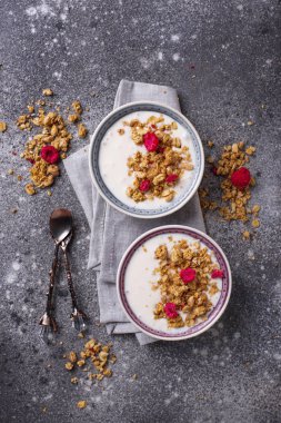 Granola yoğurt ve kurutulmuş frambuaz