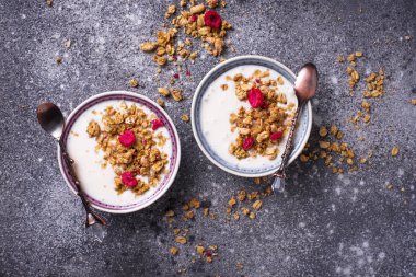 Granola yoğurt ve kurutulmuş frambuaz