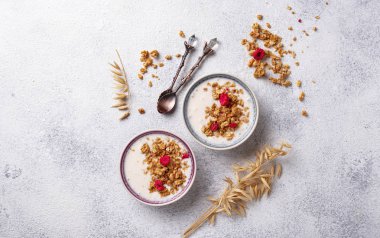 Granola yoğurt ve kurutulmuş frambuaz