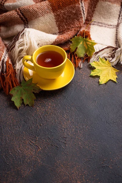 Fondo autunnale con tazza di tè, plaid e foglie — Foto Stock