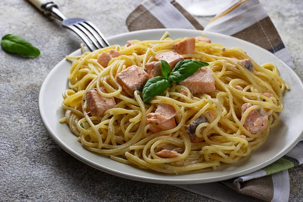 Pasta spaghetti with salmon and basil