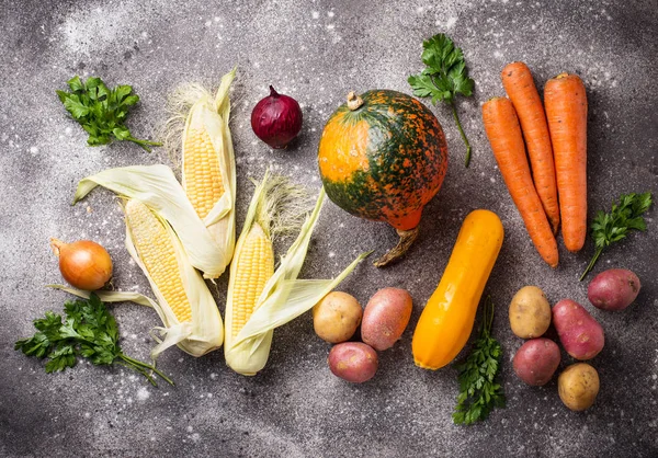 Διάφορα φθινοπωρινά λαχανικά. Έννοια της συγκομιδής — Φωτογραφία Αρχείου