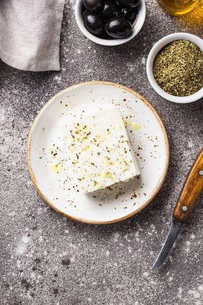 Fresh feta cheese with spices — Stock Photo, Image
