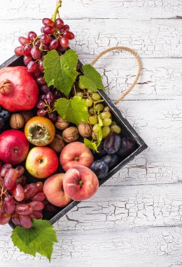 Çeşitli sonbahar meyveleri. Hasat konsepti