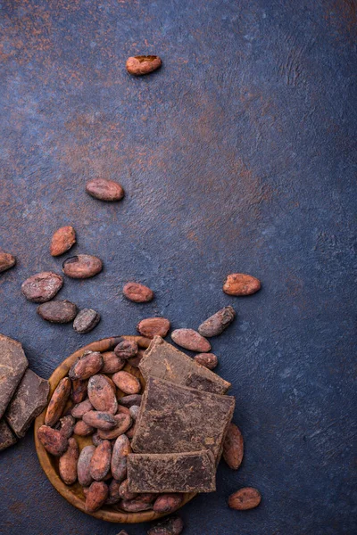 Přírodní kakaové boby a čokoláda — Stock fotografie