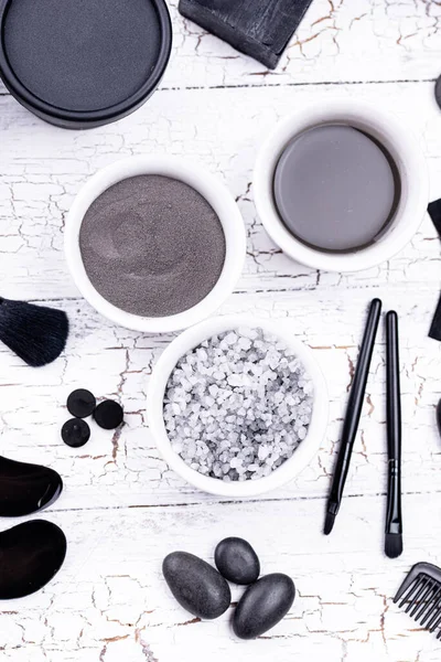 Set of black charcoal detox cosmetics — Stock Photo, Image