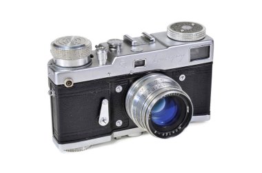 Donetsk, Ukrayna - 6 Haziran 2014: Retro kamera Leningrad - Sovyet küçük formatlı rangefinder fotoğraf makinesi ile Jüpiter-8 mercek, Lomo tarafından üretilen. Beyaz arka plan üzerinde izole.