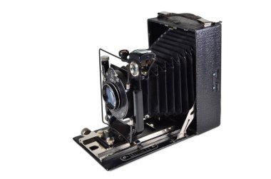 Donetsk, Ukrayna - 6 Haziran 2014: Sovyet plaka katlama fotoğraf kamera Retro fotoğraf makinesi Fotokor-1 - 9-12 cm, Gomz tarafından roduced 1930-1940 biçimlendirin. Beyaz arka plan üzerinde izole.