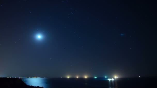 Time Lapse Starry Sky Full Moon Black Sea Coast Port — Stock Video