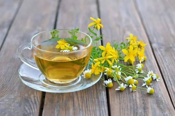 Чашка горячего травяного чая из сусла и ромашки Матрикарии — стоковое фото