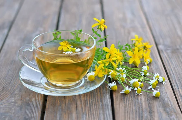 Tasse heißer Kräutertee aus Johanniskraut und Matricaria chamomilla — Stockfoto