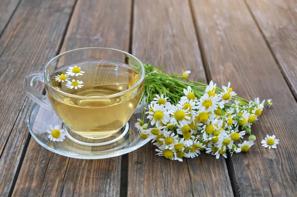 Bouquet von Matricaria chamomilla und Tasse Kamillentee — Stockfoto