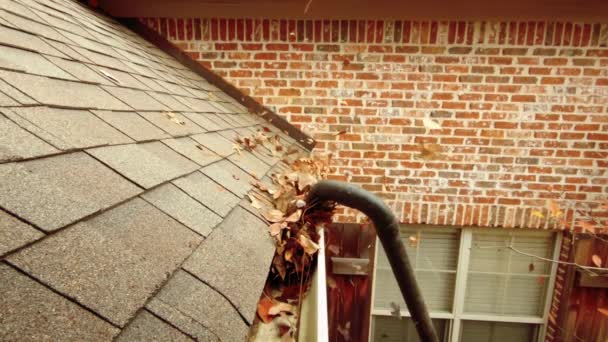 Gutter with leaves being cleaned out with blower. Slo Motion, 120 fps. — Stock Video