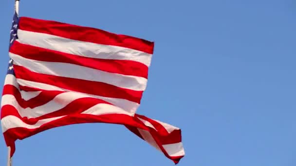 Яскравий Американський Прапор Розмахує Вітром Проти Блакитного Неба — стокове відео