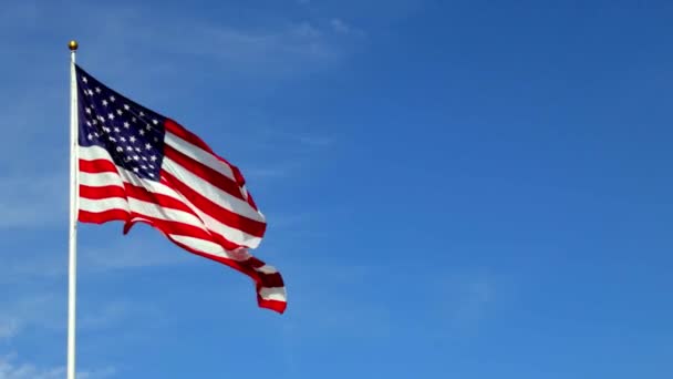 푸른 하늘을 배경으로 선명 한 붉은색과 파란색이 어우러진 아름다운 미국 국기가 복사 공간으로 바람에 나부끼는 모습. — 비디오
