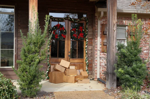 Boxes Packages Next Front Door Holiday Christmas Season — Stock Photo, Image