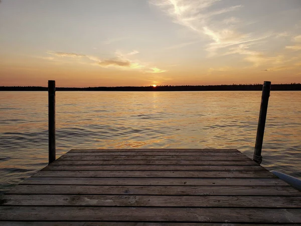 Coucher Soleil Sur Quai Sur Lac Children Dans Parc Provincial — Photo