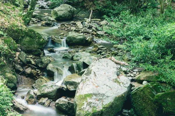 森の中の滝と岩の長時間露光写真 — ストック写真
