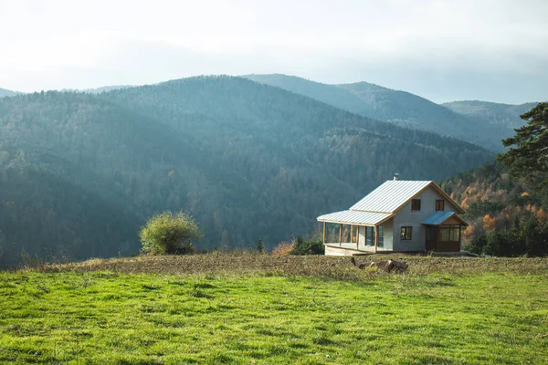 白い家の素晴らしい風景と森 — ストック写真