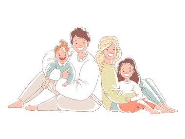 Ebeveynler ve çocuklar yerde oturuyorlar. Mutlu bir aile. El çizimi biçim vektör tasarımı çizimleri.