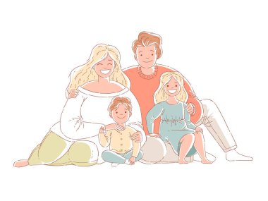 Ebeveynler ve çocuklar yerde oturuyorlar. Mutlu bir aile. El çizimi biçim vektör tasarımı çizimleri.