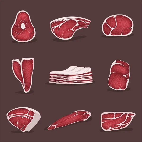 Lamsvlees, varkensvlees, en andere vlees foto 's in cartoon stijl. Biefstuk van rundvlees, rauw varkensvlees. — Stockvector