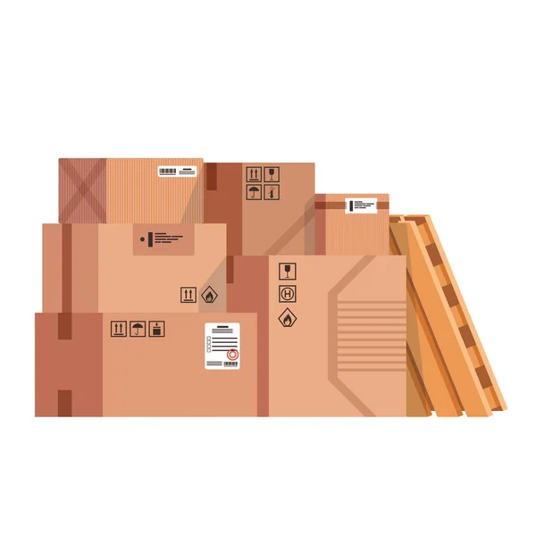 Pilha de caixas de papelão de mercadorias seladas empilhadas. Ilustração vetorial de estilo plano isolada no fundo branco. — Vetor de Stock
