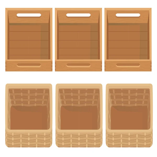 Filas de cajas de madera y mimbre para almacenar artículos o mostrar productos en estantes — Vector de stock