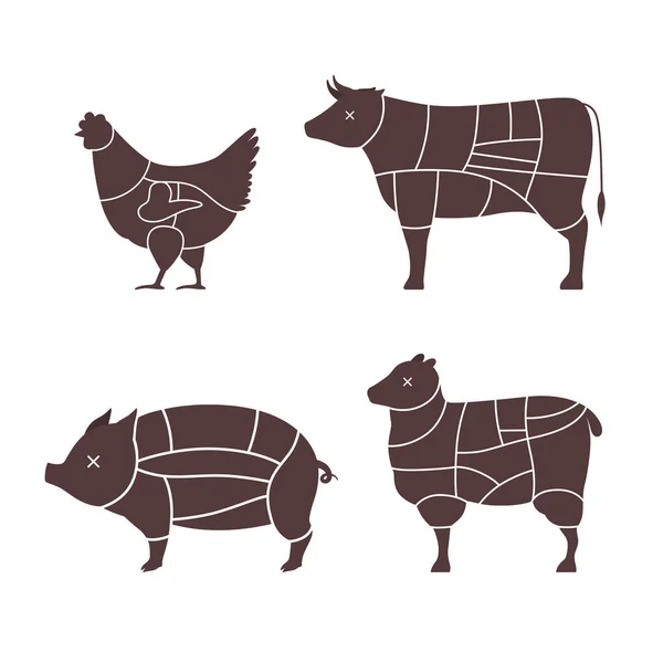 Cortes de carne. Diagramas para talho. Esquema de frango, carne bovina, porco etc. Sílhuetas de animais. Guia para o corte. — Vetor de Stock