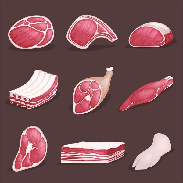 Lamb, pork beef, and other meat pictures in cartoon style. Steak of beef, raw pork meat. — Stock Vector