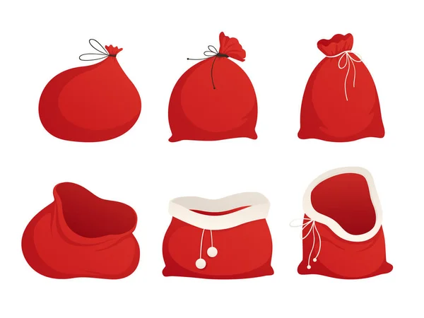 Mettere sacchi rossi di Babbo Natale. Legato e vuoto. Illustrazione vettoriale. Isolato su sfondo bianco — Vettoriale Stock