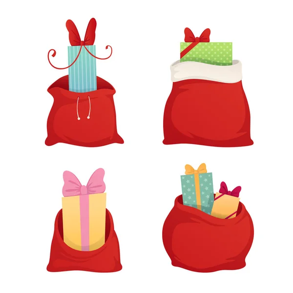 Conjunto saco cheio de presentes do Papai Noel. Elemento decorativo de Natal. Ilustração vetorial plana — Vetor de Stock