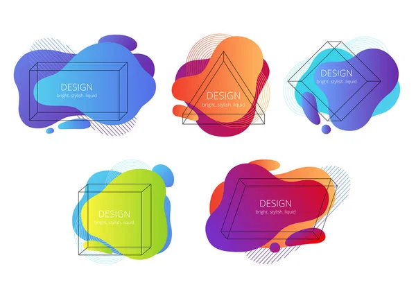 Geometrik çerçeveli soyut sıvı şekiller. Memphis elementleri ile parlak afişler modayı izliyor. — Stok Vektör