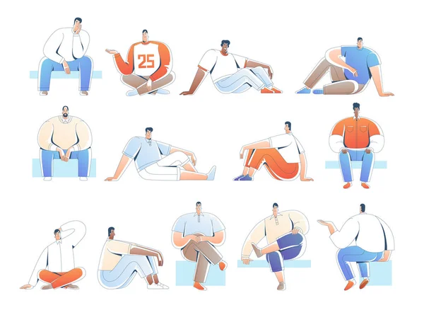 Set di uomini seduti in pose diverse su superfici diverse. Illustrazione vettoriale in stile cartone animato. — Vettoriale Stock