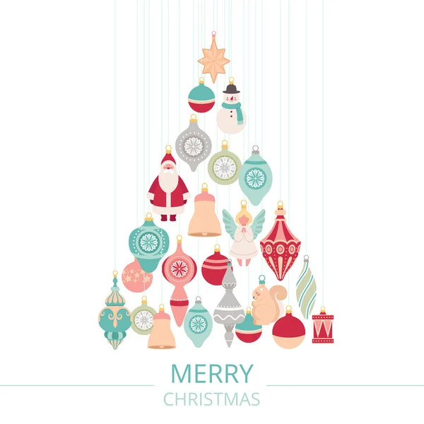 Noel ağacı şeklinde asılı Noel topları ve oyuncaklarının bileşimi. Metinli tatil posteri — Stok Vektör
